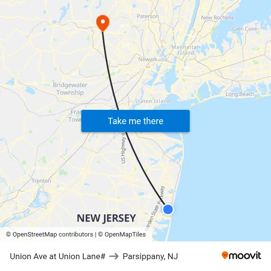 Union Ave at Union Lane# to Parsippany, NJ map
