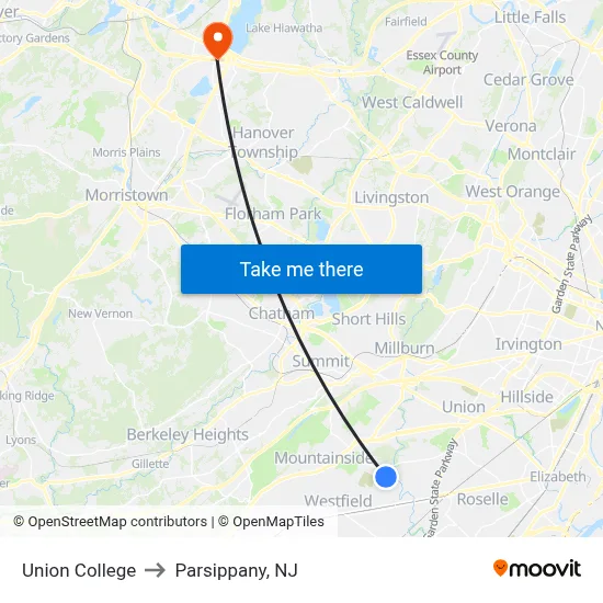 Union College to Parsippany, NJ map