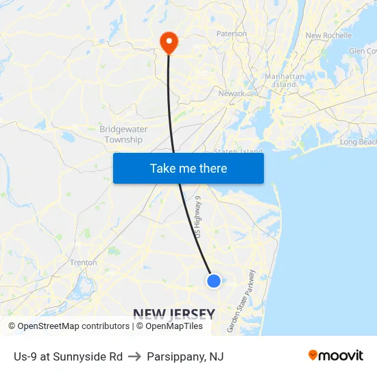 Us-9 at Sunnyside Rd to Parsippany, NJ map