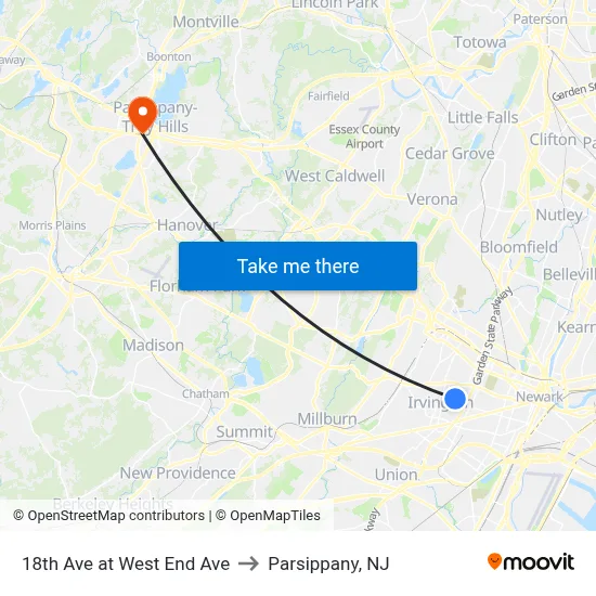 18th Ave at West End Ave to Parsippany, NJ map