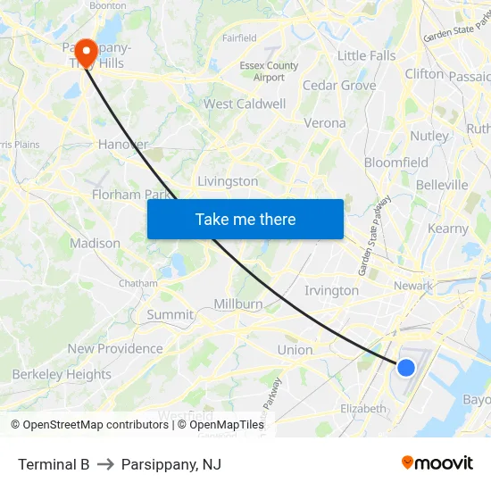 Terminal B to Parsippany, NJ map