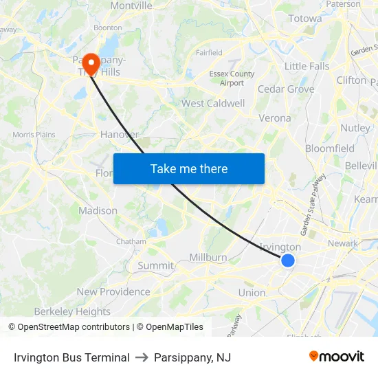 Irvington Bus Terminal to Parsippany, NJ map