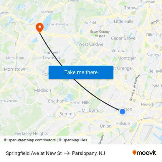 Springfield Ave at New St to Parsippany, NJ map