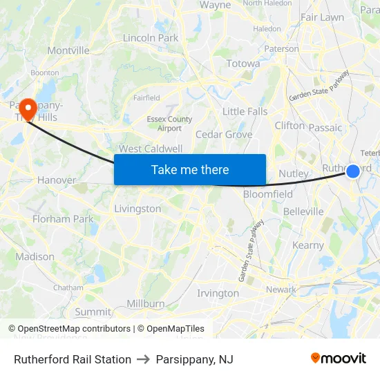 Rutherford Rail Station to Parsippany, NJ map