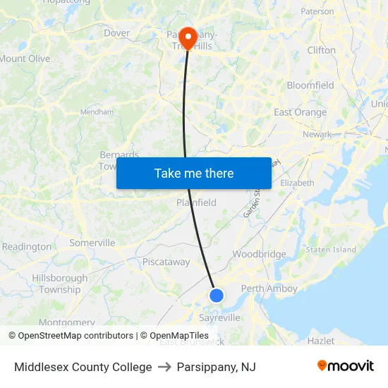 Middlesex County College to Parsippany, NJ map