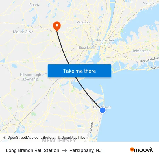 Long Branch Rail Station to Parsippany, NJ map