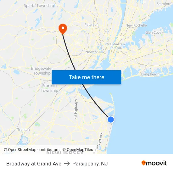 Broadway at Grand Ave to Parsippany, NJ map