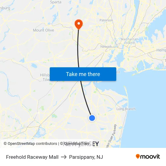 Freehold Raceway Mall to Parsippany, NJ map
