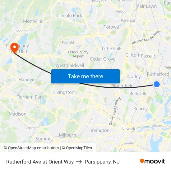 Rutherford Ave at Orient Way to Parsippany, NJ map