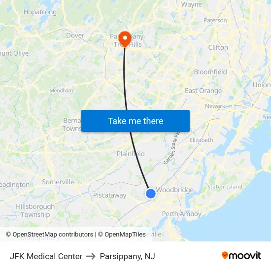 JFK Medical Center to Parsippany, NJ map
