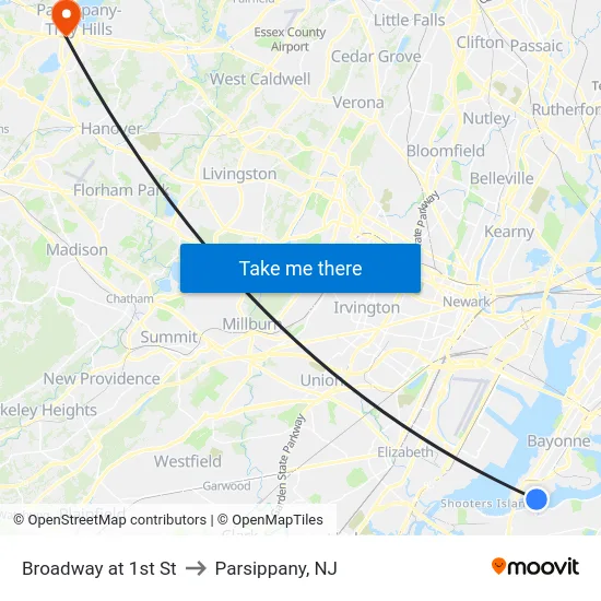 Broadway at 1st St to Parsippany, NJ map
