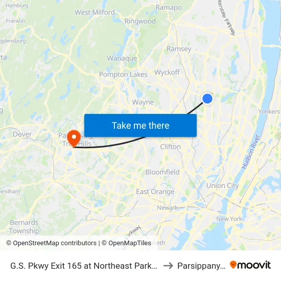 G.S. Pkwy Exit 165 at Northeast Park/Ride Lot to Parsippany, NJ map