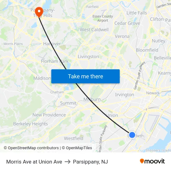 Morris Ave at Union Ave to Parsippany, NJ map