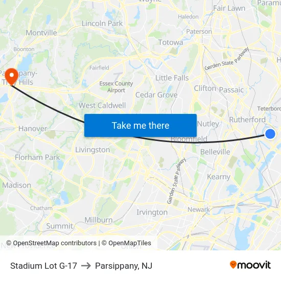 Stadium Lot G-17 to Parsippany, NJ map