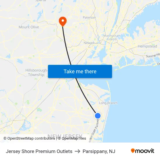 Jersey Shore Premium Outlets to Parsippany, NJ map