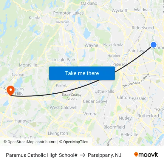 Paramus Catholic High School# to Parsippany, NJ map