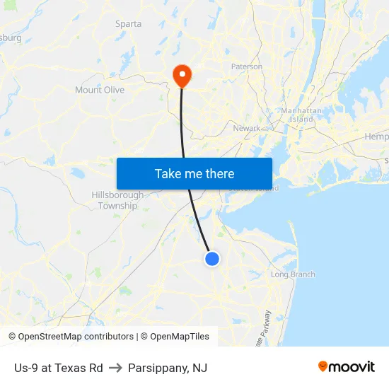 Us-9 at Texas Rd to Parsippany, NJ map