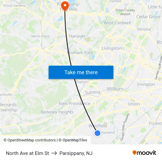 North Ave at Elm St to Parsippany, NJ map