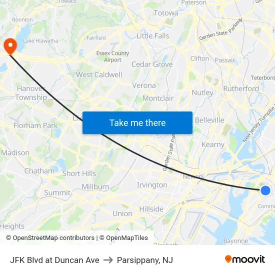 JFK Blvd at Duncan Ave to Parsippany, NJ map