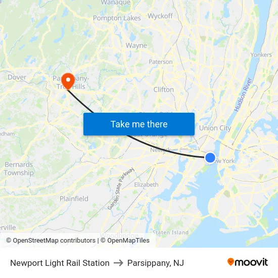 Newport Light Rail Station to Parsippany, NJ map