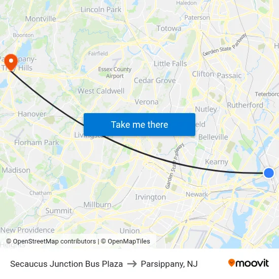 Secaucus Junction Bus Plaza to Parsippany, NJ map