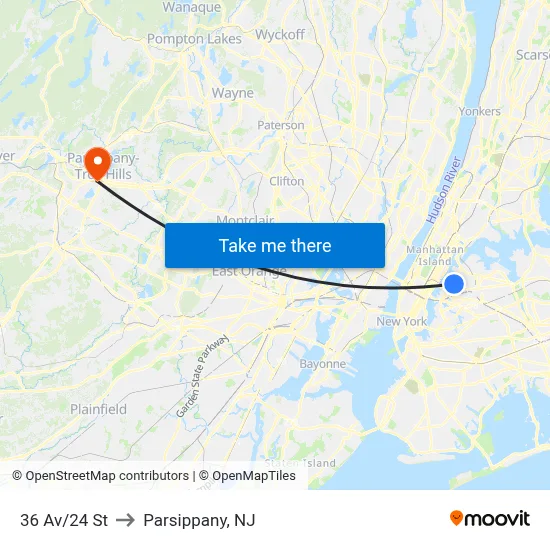 36 Av/24 St to Parsippany, NJ map