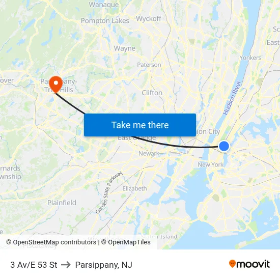3 Av/E 53 St to Parsippany, NJ map