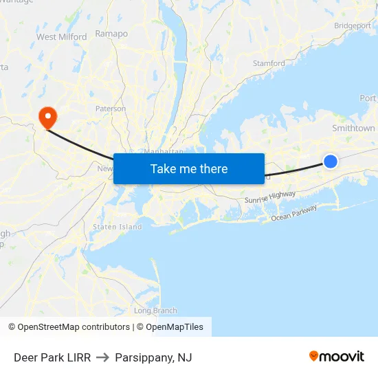 Deer Park LIRR to Parsippany, NJ map