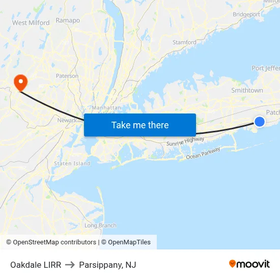 Oakdale LIRR to Parsippany, NJ map
