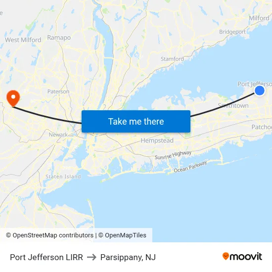 Port Jefferson LIRR to Parsippany, NJ map