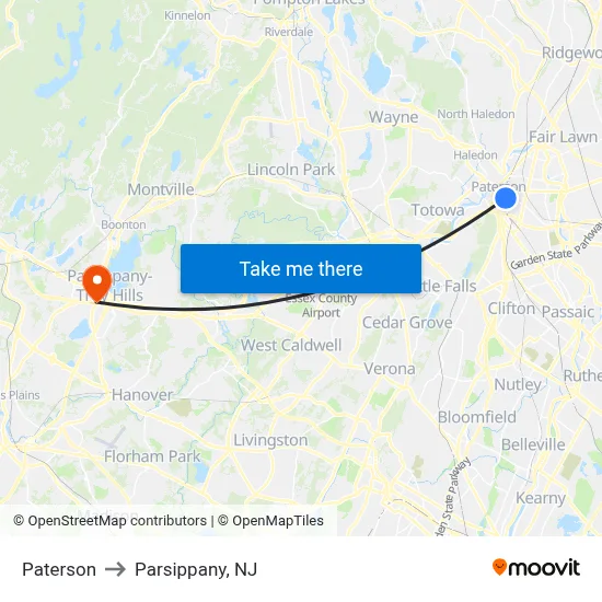 Paterson to Parsippany, NJ map