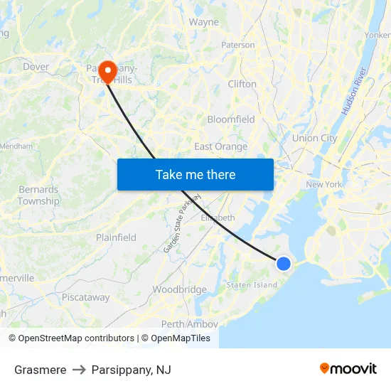 Grasmere to Parsippany, NJ map