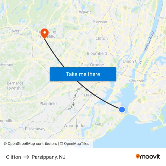 Clifton to Parsippany, NJ map