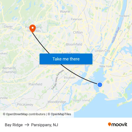 Bay Ridge to Parsippany, NJ map