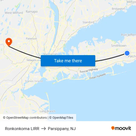 Ronkonkoma LIRR to Parsippany, NJ map