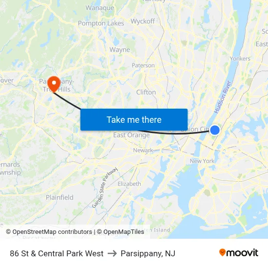 86 St & Central Park West to Parsippany, NJ map
