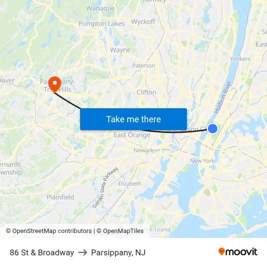 86 St & Broadway to Parsippany, NJ map