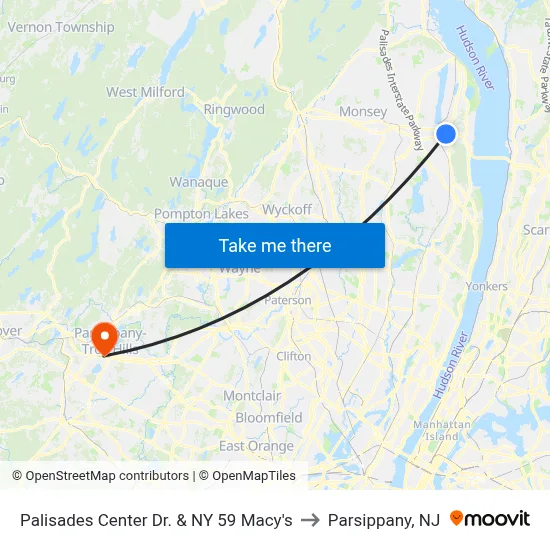 Palisades Center Dr. & NY 59 Macy's to Parsippany, NJ map