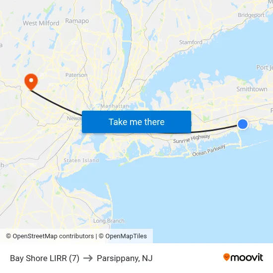 Bay Shore LIRR (7) to Parsippany, NJ map
