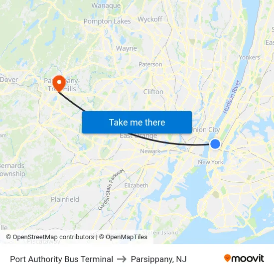 Port Authority Bus Terminal to Parsippany, NJ map