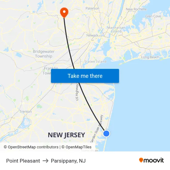 Point Pleasant to Parsippany, NJ map