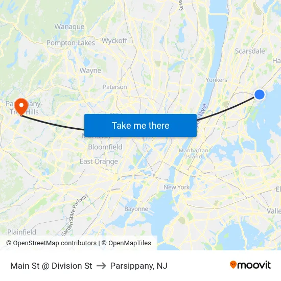 Main St @ Division St to Parsippany, NJ map