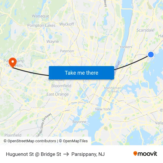 Huguenot St @ Bridge St to Parsippany, NJ map