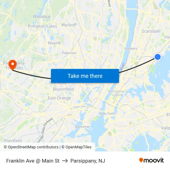 Franklin Ave @ Main St to Parsippany, NJ map