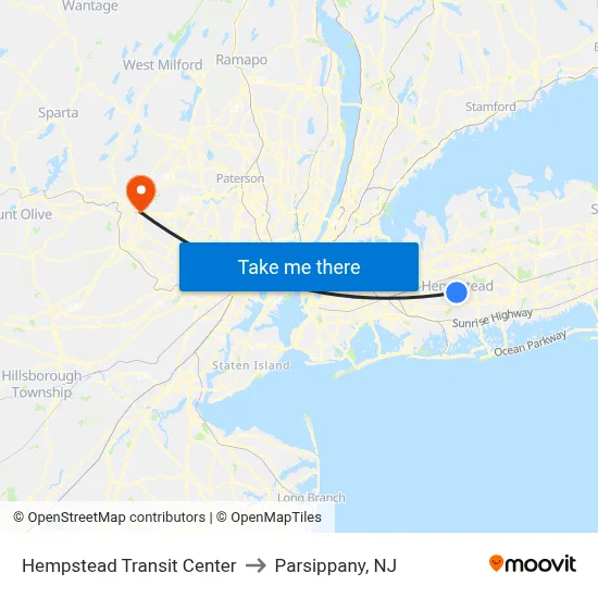Hempstead Transit Center to Parsippany, NJ map