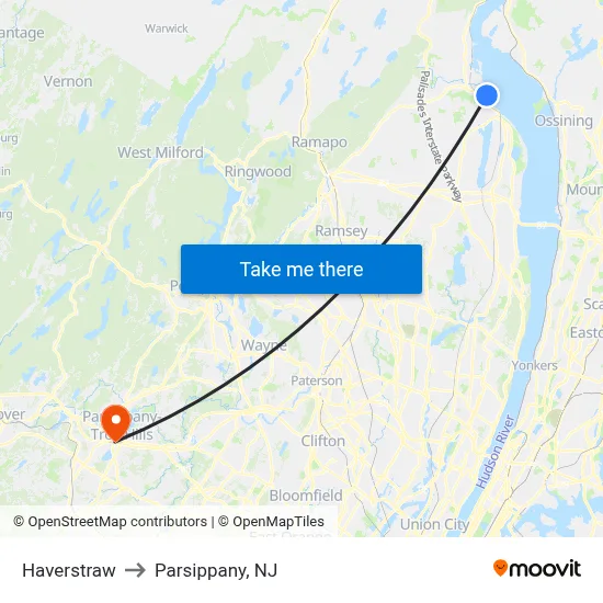 Haverstraw to Parsippany, NJ map