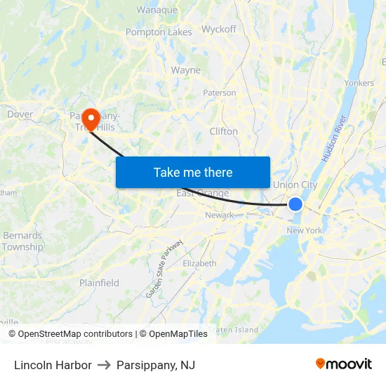 Lincoln Harbor to Parsippany, NJ map