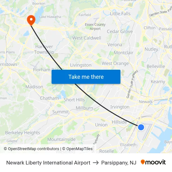 Newark Liberty International Airport to Parsippany, NJ map