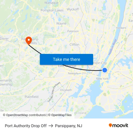 Port Authority Drop Off to Parsippany, NJ map