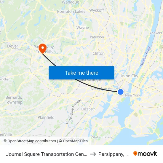 Journal Square Transportation Center to Parsippany, NJ map